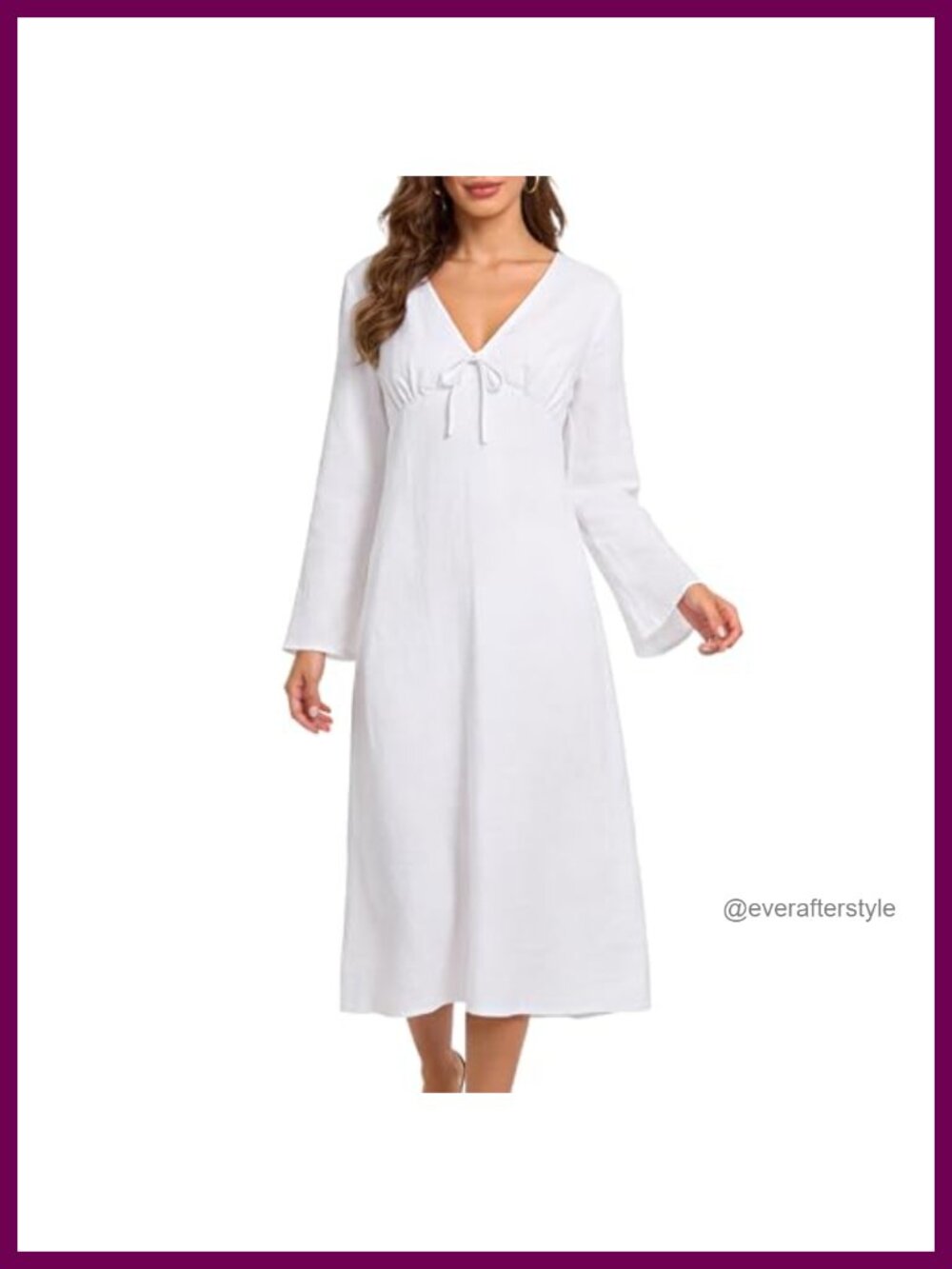 100% Linen Long Sleeve V Neck Midi Dress Tie Belt A-Line